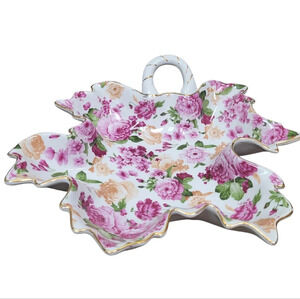 Royal Danube Yellow Pink Floral Chintz Leaf Shape Tray